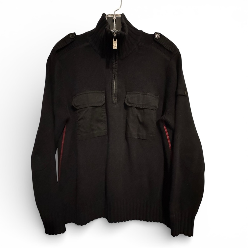 Ben Sherman Quarter Zip Sweater Military Funnel Black Red Pockets